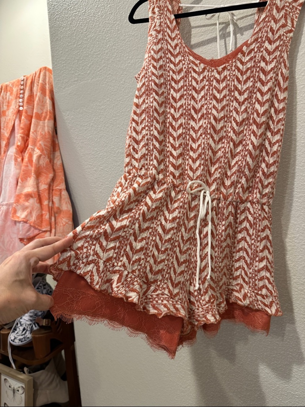 Boho Chevron Romper w/ Lace Underlay Set – Open Back Tie Waist Flowy Shorts